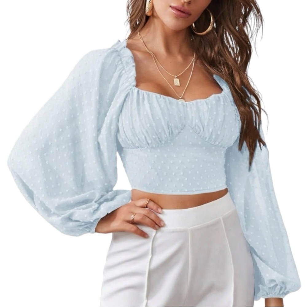 Light Blue Swiss Dot Puff Sleeve Crop Top